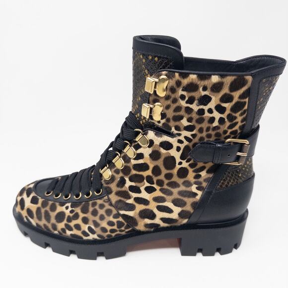 Christian Louboutin Macadamia Leopard Lace-Up Winter Boots EU 39.5 New - Picture 2 of 8